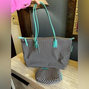 Roberta Pieri Tatami Large Black & Teal Patterned Tote with Matching Pouch